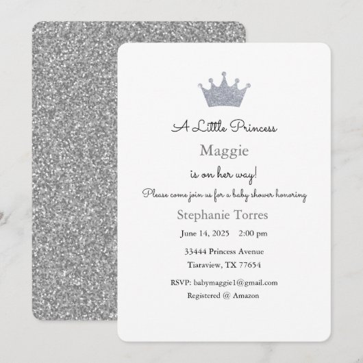 Invitation Petite Princesse, Invitation Argentée (Devant / Derrière)