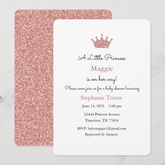Invitation Petite Princesse, Invitation Rose Gold (Devant / Derrière)