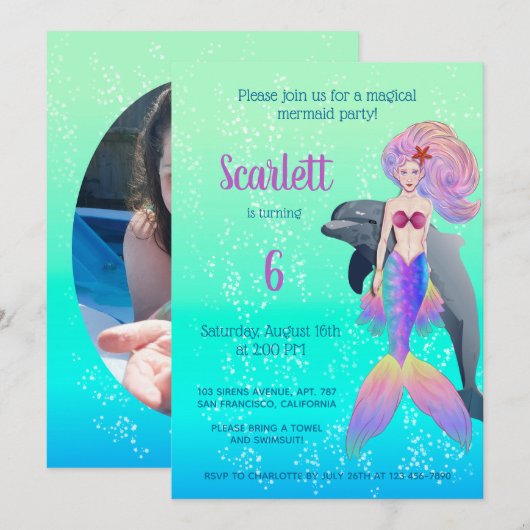 Invitation Petite princesse Mermaid Bubbles Anniversaire Phot (Devant / Derrière)