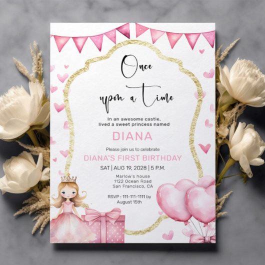 Invitation Petite princesse rose 1er anniversaire