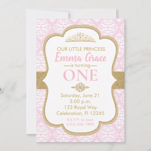 Invitation Petite princesse rose et or Premier anniversaire (Devant)
