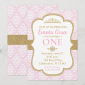 Invitation Petite princesse rose et or Premier anniversaire (Devant / Derrière)
