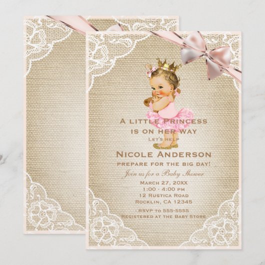 Invitation Petite Princesse Vintage Bébé Fille Rustique Showe (Devant / Derrière)