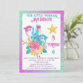 Invitation Petite Queue de sirène violet Turquoise Or Anniver (Debout devant)