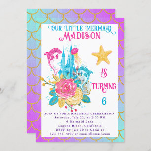 Invitation Petite Queue de sirène violet Turquoise Or Anniver