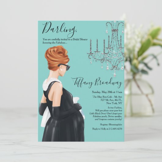 Invitation Petite robe noire Baby shower en verre bleu (Debout devant)