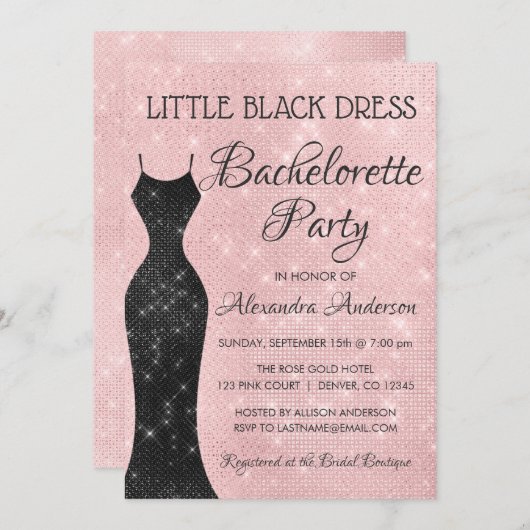 Invitation Petite robe noire Blush Pink BachelorParty (Devant / Derrière)
