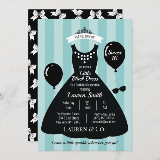 Invitation Petite robe noire Douce 16 Anniversaire (Devant / Derrière)
