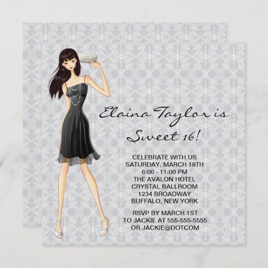 Invitation Petite robe noire Noir Blanc Douceur 16 Partie (Devant / Derrière)