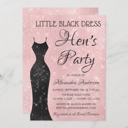 Invitation Petite robe noire rose vif Hen's Party (Devant / Derrière)