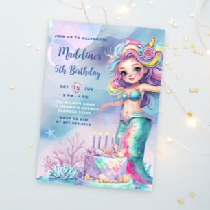 Invitation Petite Sirène Aquarelle Sous La Mer Anniversaire