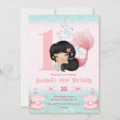 Invitation Petite sirène cheveux foncé rose 1er anniversaire (Devant)