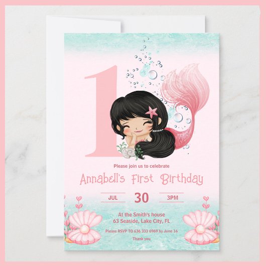 Invitation Petite sirène cheveux foncé rose 1er anniversaire