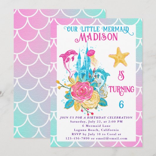 Invitation Petite Sirène Échelle rose Turquoise Blanc Anniver (Devant / Derrière)