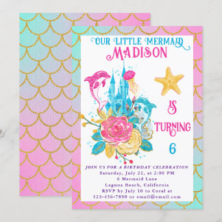 Invitation Petite Sirène Échelle Rose Turquoise Or Anniversai