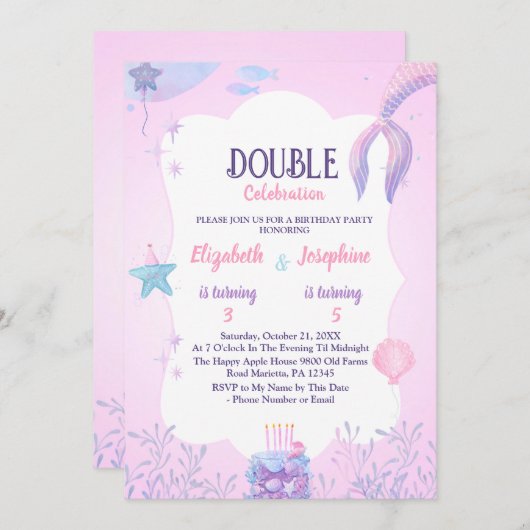 Invitation Petite sirène enfants Double fête Anniversaire (Devant / Derrière)