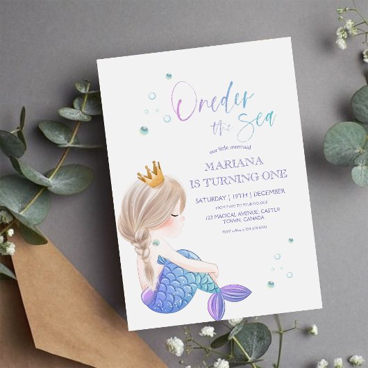 Invitation Petite Sirène Océan Eau Mer Fille 1er Anniversaire