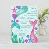 Invitation Petite Sirène Queues Coquillages Aquarelle Anniver (Debout devant)