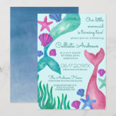 Invitation Petite Sirène Queues Coquillages Aquarelle Anniver (Devant / Derrière)