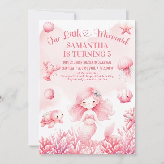 Invitation Petite sirène rose pastel douce 5e anniversaire (Devant)
