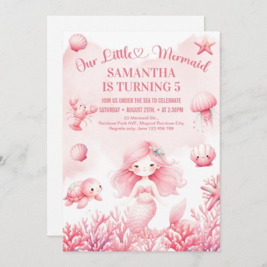 Invitation Petite sirène rose pastel douce 5e anniversaire (Devant / Derrière)