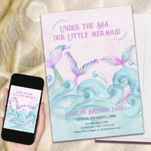 Invitation Petite Sirène Sous l'Océan Fille Rose Anniversaire