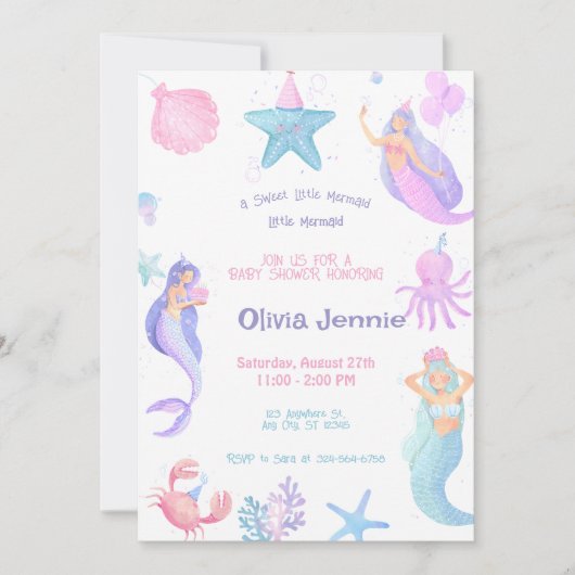 Invitation Petite sirène violet Baby shower rose (Devant)