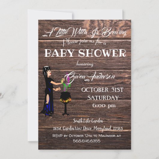 Invitation Petite sorcière Baby shower en bois rustique Brown (Devant)