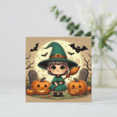 Invitation Petite sorcière kawaii avec citrouilles d'Hallowee (Debout devant)