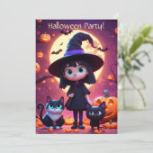 Invitation Petite sorcière mignonne avec des chats et des cit (Debout devant)