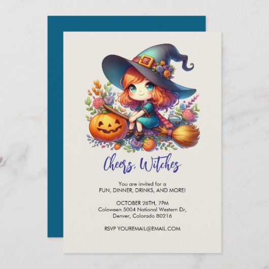Invitation Petite sorcière mignonne habillée en bleu, Hallowe (Devant / Derrière)