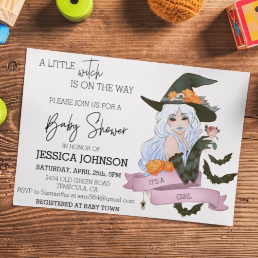 Invitation Petite sorcière sur le chemin Baby shower Hallowee
