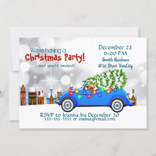 Invitation Petite voiture bleue et arbre Noël personnalisé
