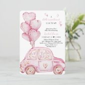 Invitation Petite voiture rose amoureuse et Baby shower de ba (Debout devant)
