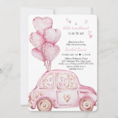 Invitation Petite voiture rose amoureuse et Baby shower de ba (Devant)