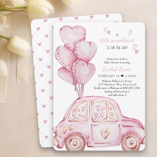Invitation Petite voiture rose amoureuse et Baby shower de ba