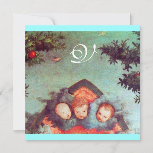 Invitation PETITES ANGELS MONOGRAMME bleu antique clair rouge (Devant)