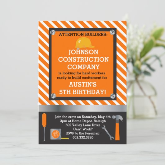 Invitation Petites construction de constructeur et fête (Debout devant)