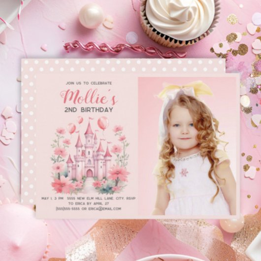 Invitation Petites filles 2e anniversaire Château rose Photo