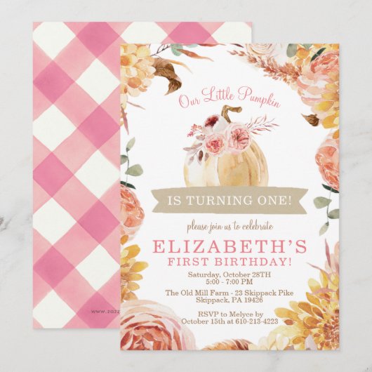 Invitation Petites Filles CITROUILLES Rose Floral Fête d'anni (Devant / Derrière)