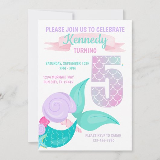Invitation Petites filles de Mermaid 5e anniversaire Invitati (Devant)