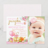 Invitation Petites filles Photo Citrouille Premier anniversai (Devant / Derrière)