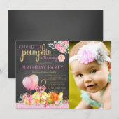 Invitation Petites filles Photo Citrouille Premier anniversai (Devant / Derrière)