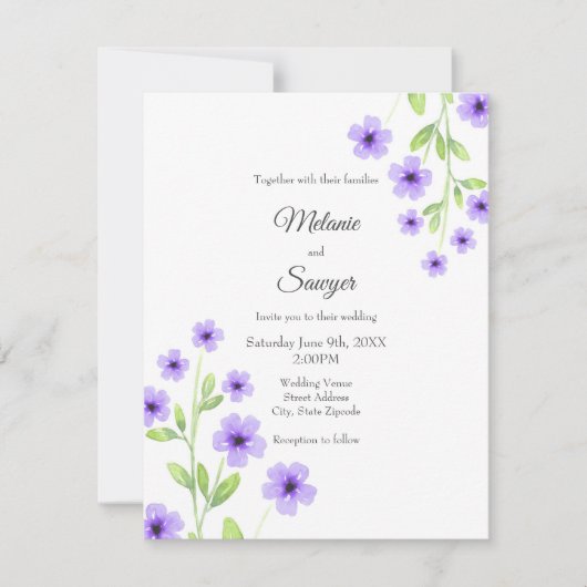 Invitation Petites fleurs d'aquarelle violette (Devant)