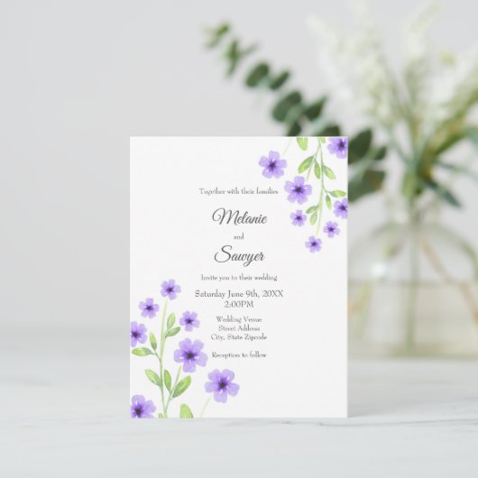 Invitation Petites fleurs d'aquarelle violette (Debout devant)