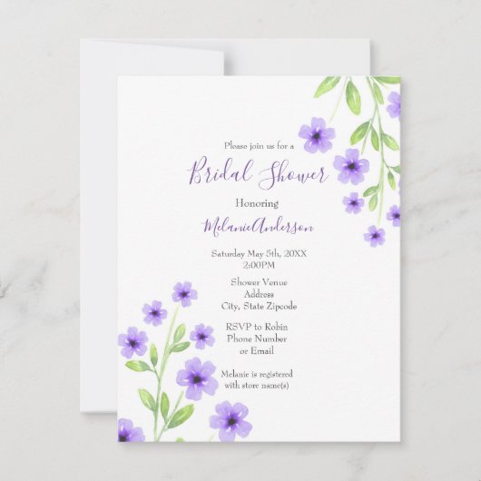 Invitation Petites fleurs d'aquarelle violette (Devant)
