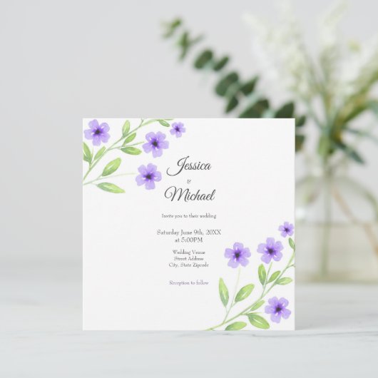 Invitation Petites fleurs d'aquarelle violette (Debout devant)