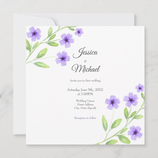 Invitation Petites fleurs d'aquarelle violette (Devant)