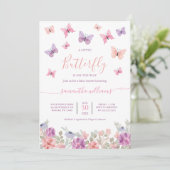 Invitation Petites fleurs de papillon Baby shower rose et vio (Debout devant)