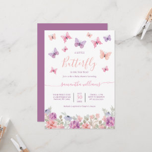 Invitation Petites fleurs de papillon Baby shower rose et vio